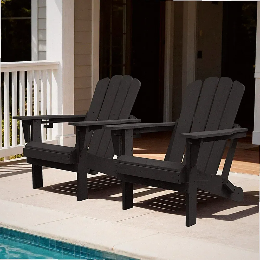 2pcs All-Weather HDPE Folding Adirondack Chair Fire Pit Chair w/Cup Holder,Black
