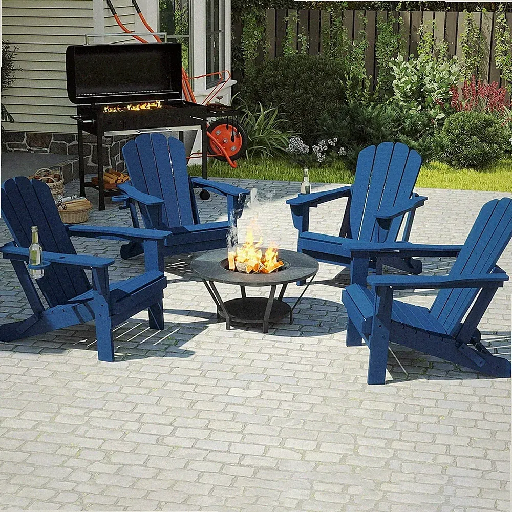4pcs All-Weather HDPE Folding Adirondack Chair Fire Pit Chair w/Cup Holder,Blue