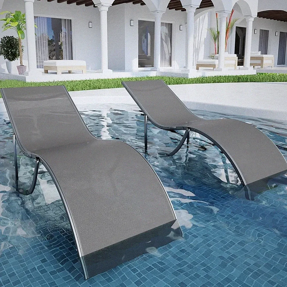 Adjustable 2-Pcs Reclining Patio Sunbed, Alum Frame Breathable Mesh, All-Weather