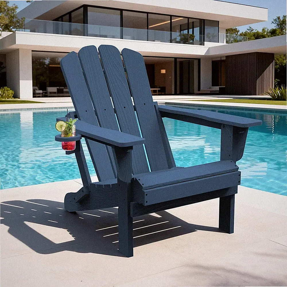 All-Weather HDPE Folding Adirondack Chair Fire Pit Chair w/Cup Holder,Blue