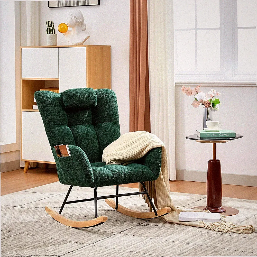 Garvee Nursery Rocking Chair 300Lb Teddy Glider w/ Wood Legs Side Pockets Green