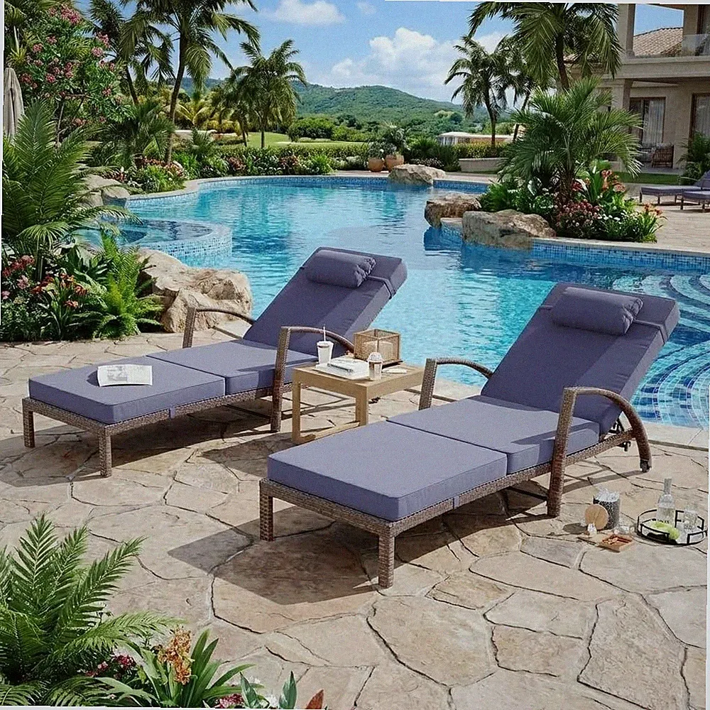 Patio Chaise Lounge, Handwoven Rattan & Metal Frame, Thick Cushion,Easy Assembly