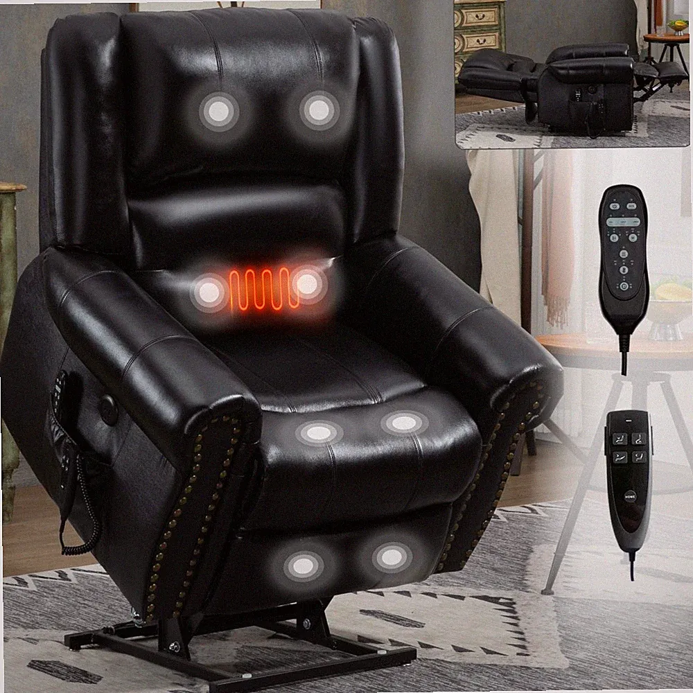 Power Lift Recliner Heat & Massage Dual Motor 350LB Genuine Leather USB Black