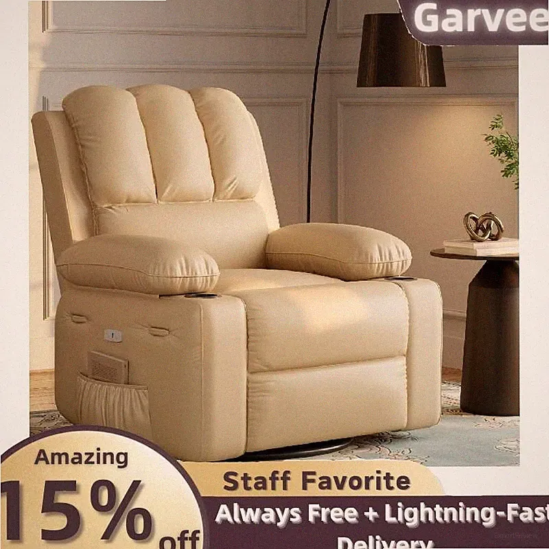 Power Recliner Chair Adults Swivel Leather Massage Heat USB Ports Side Pockets