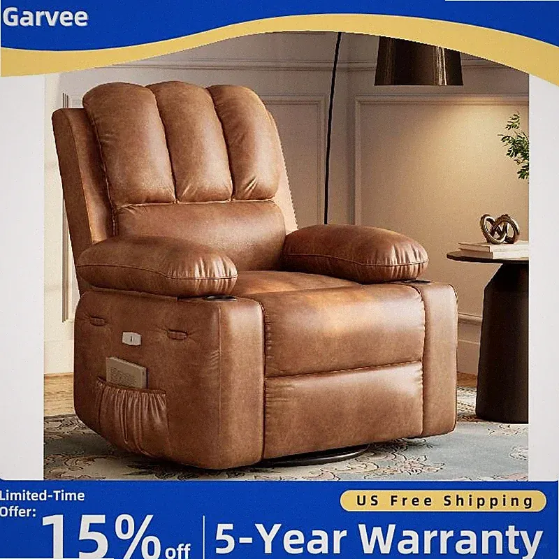 Power Recliner Chair with Massage Heat Swivel Leather USB Ports Side Pockets