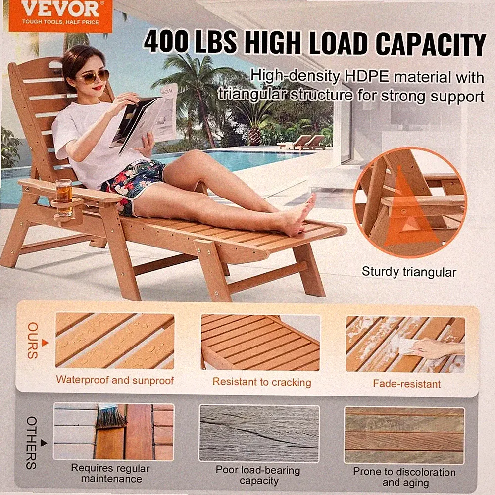 VEVOR Chaise Lounge Chair, 400 lbs Weight Capacity, 6 Positions Adjustable Patio