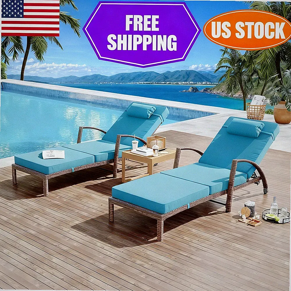 Wicker Chaise Lounge Chairs Set of 2, PE Rattan Patio Pool Loungers with Wheels