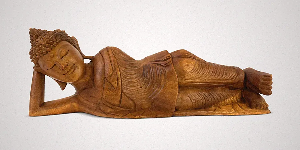 Wooden Hand Carved Serene Reclining Lying Buddha Statue Sculpture Figurine Decor