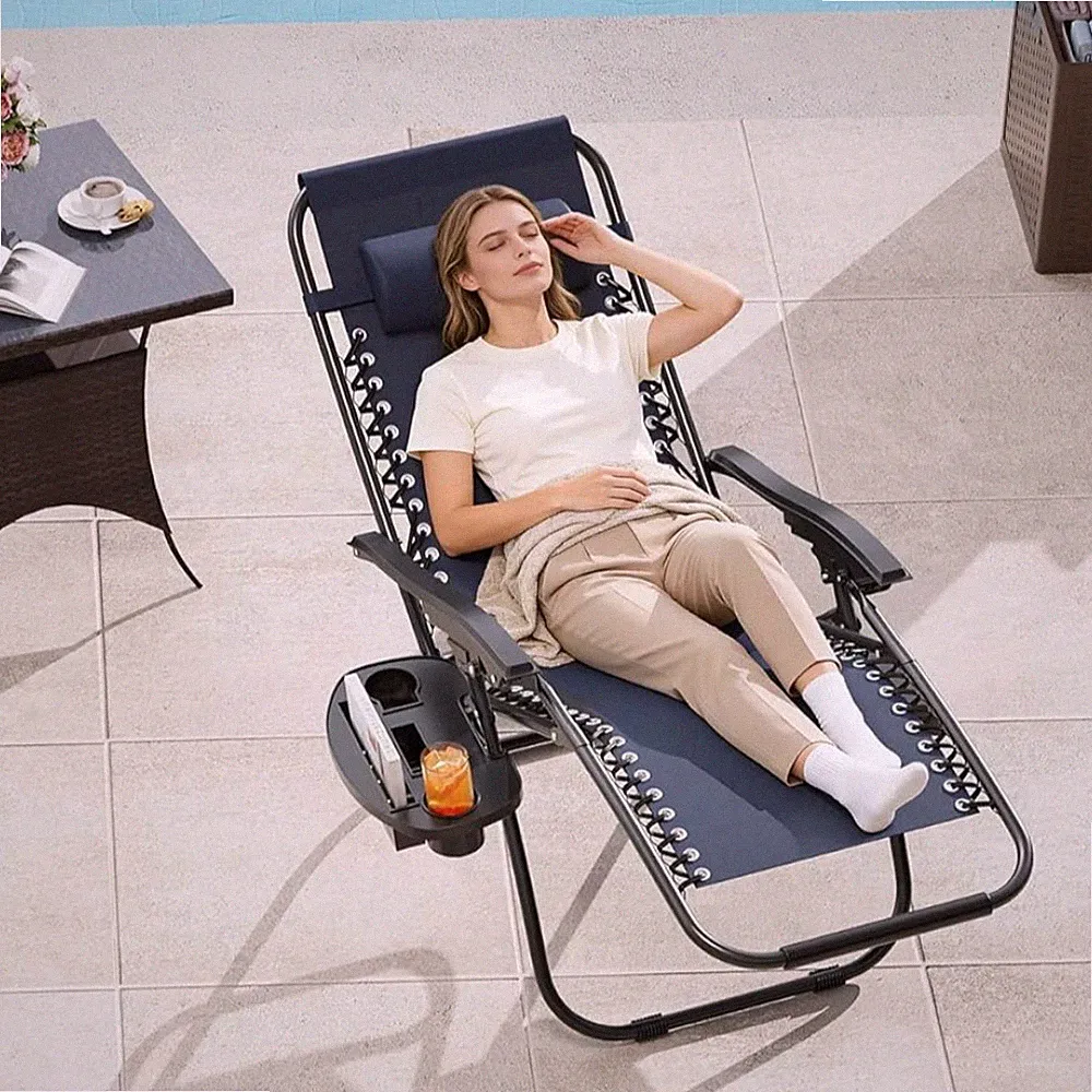 Zero Gravity Chair W/ Pillow & Cup Tray, Adjustable Reclining Folding for Beach
